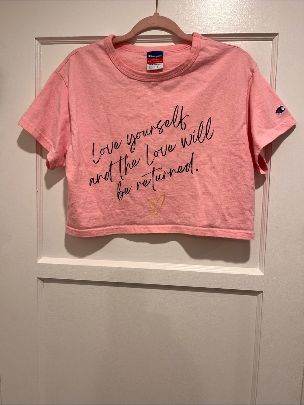 Champion Pink Cropped Tee with Script Graphic
